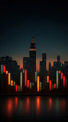 Obraz premium Stock market graph with red and green candlestick chart overlay city skyline dusk, financial data visualization with illuminated skyscraper and reflective floor creating dynamic trading atmosphere