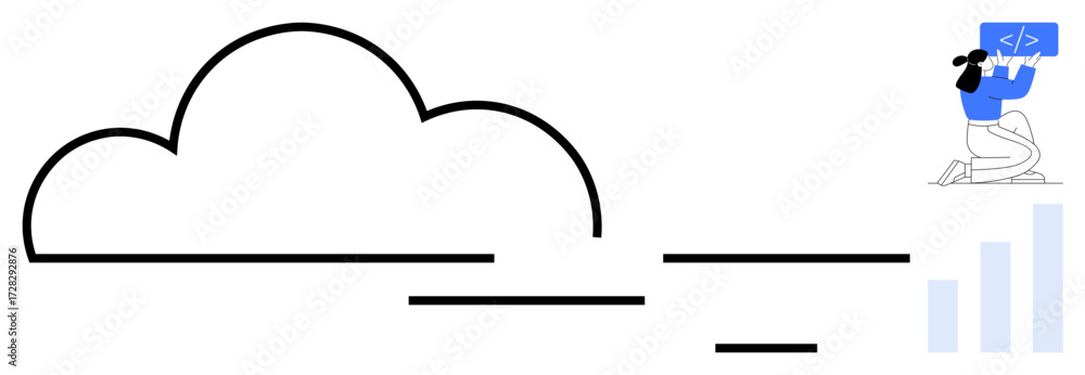 Poster cloud framework with a developer writing code on a screen, accompanied by ascending bar graphs. idea