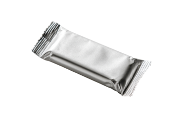 Silver foil wrapped snack bar packaging mockup isolated on a white background
