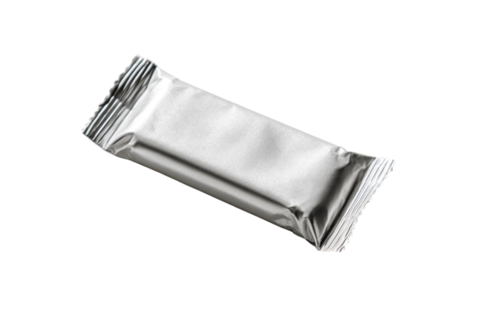 Silver foil wrapped snack bar packaging mockup isolated on a white background