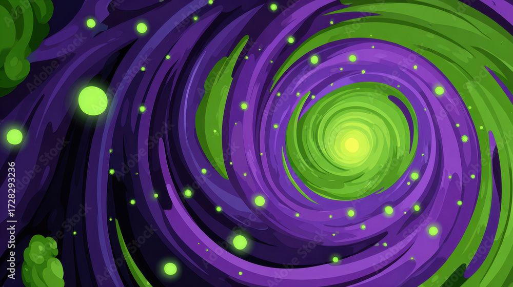 Wall mural swirling sci fi portal with vibrant green and purple colors, glowing orbs floating around, creating 