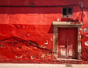 Vibrant Red Structure with Weathered Wall and Doorway