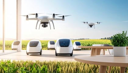 Futuristic Drone Transport System with Autonomous Vehicles and Fields in Bright Sunlight