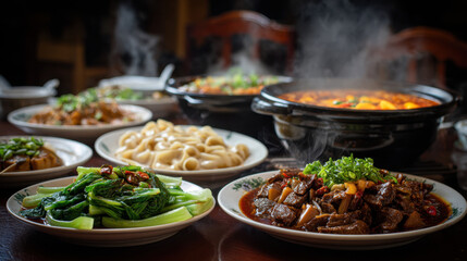 Fototapeta premium Steaming plates of traditional Chinese cuisine featuring braised meat, fresh green vegetables, thick noodles, and rich flavorful soups served on wooden table creating warm inviting atmosphere