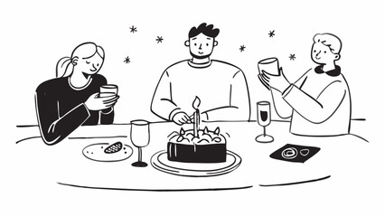 Three people celebrating with cake and drinks around a table in a black and white illustration on transparent background silhouette