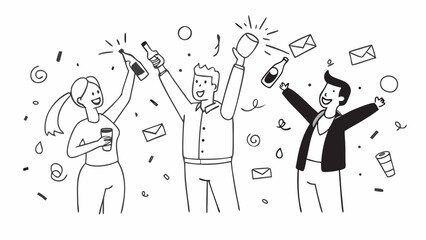 Three people celebrating with drinks and confetti in a black and white line drawing illustration style on transparent background silhouette