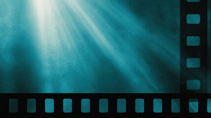 Obraz premium Teal blue hue gradient background with light rays shining through and black film strip border on right and bottom edges, creating cinematic atmosphere