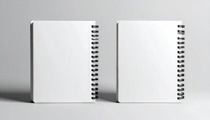 Two blank spiral-bound notebooks stand upright on a neutral backdrop, showcasing their clean, white pages and black coil binding.