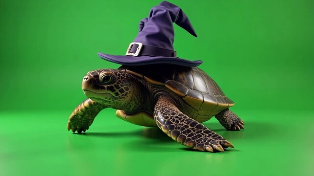 Whimsical sea turtle dons a witch hat, performing a captivating walk cycle animation loop, perfect for magical fantasy projects and Halloween themes.