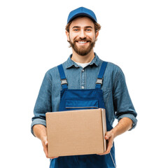 Happy Delivery Man Holding Package Smiling Service isolated on a white background