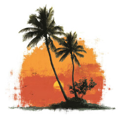 Tropical Sunset Palm Trees Orange Sky Ocean Birds Silhouette isolated on a white background
