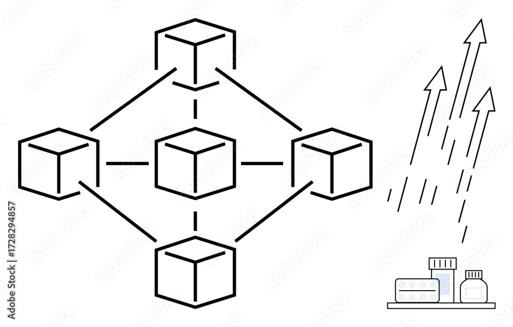 Poster connected cubes representing blockchain network, upward arrows symbolizing growth and progress, medi