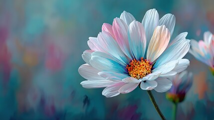 White Daisy Flower with Pastel Blue and Pink Ink. Creative Abstract Spring Nature for a Summer Bloom Concept.