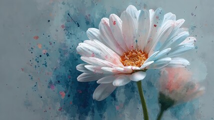 White Daisy Flower with Pastel Blue and Pink Ink. Creative Abstract Spring Nature for a Summer Bloom Concept.