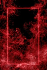 Intense red smoke fills a framed rectangular space against a black backdrop.