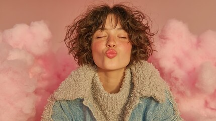 Woman Blowing Kisses on a Cloud Against a Pink Background. Romantic and Playful Gesture in a Soft and Dreamy Setting
