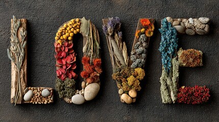 Word LOVE Made Out of Various Natural Things. Flat Lay for a Creative Love Concept.