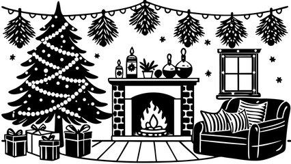 A cozy christmas scene with a decorated tree fireplace armchair gifts and festive decorations hanging above on transparent background silhouette