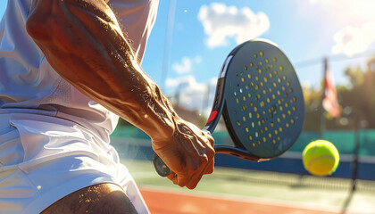 Dynamic sports shot of a man hand holding a padel mid swing on a court, background