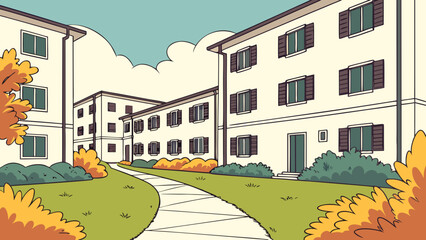 Apartment buildings with a winding path and autumn foliage