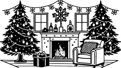 Festive christmas scene with decorated trees fireplace armchair and gift in black and white design style on transparent background silhouette