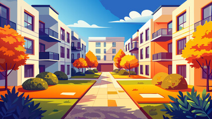 Modern apartment buildings with autumn trees and blue sky
