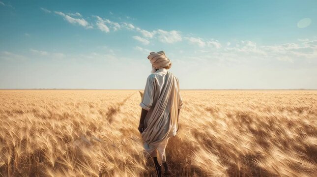 Ultra-realistic cinematic photograph taken from behind with a poor Indian farmer standing centered in the middle of endless farming fields during summer, dressed in traditional rural attire. Image com