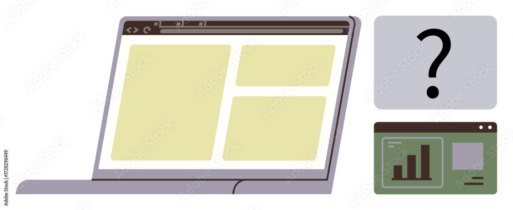 Aufkleber laptop screen displaying a simplified web layout, a data analytics chart on a smaller window, and a 