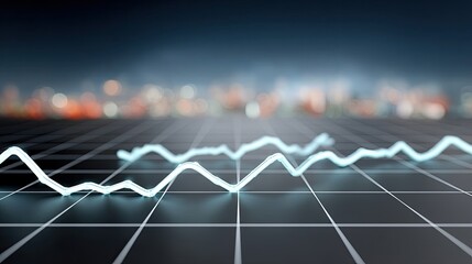 Stock Market Graph Glowing in Blue Neon with Futuristic Grid and Bokeh Cityscape