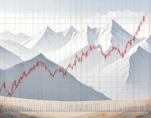 A stylized mountain range backdrop features a red candlestick chart suggesting market growth