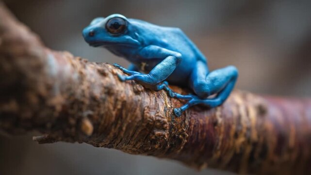 A bright blue frog sits atop a textured brown branch, partially out of focus
