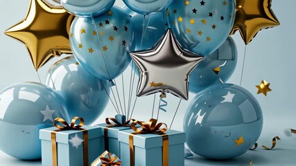 Celebratory 50th anniversary with balloons, stars, and wrapped gift boxes - Powered by Adobe