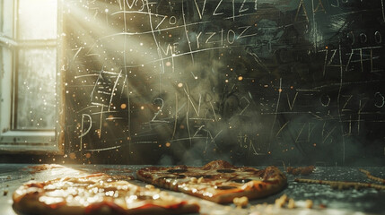 Pizza slices on a grunge surface with scribbled formulas and ethereal light beams scene