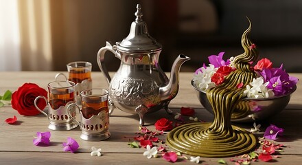Elegant Silver Teapot with Tea and Flowers on Wood Table