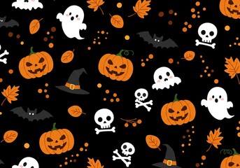 Fototapeta premium Halloween Seamless Pattern with Ghosts Pumpkins Bats and Skulls.