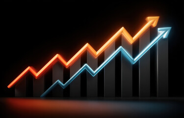 Upward trending graph with glowing orange and blue arrows rising over black bar chart columns, symbolizing growth and success in business or finance