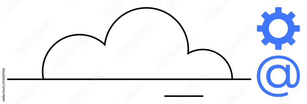 Poster cloud outline with gear and symbol suggesting cloud storage, software management, and email. ideal f