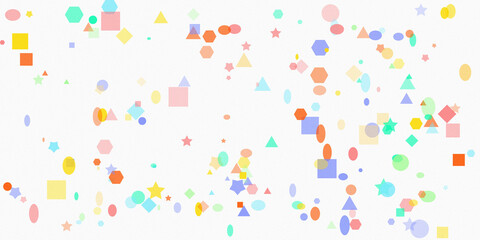Scattered colorful geometric shapes on white background