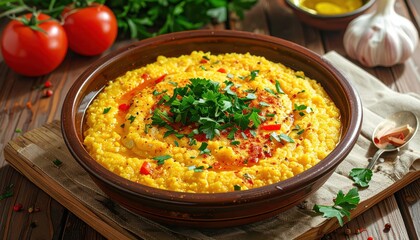 A vibrant, golden yellow polenta dish, garnished with fresh parsley and aromatic spices, is served in a rustic brown bowl.