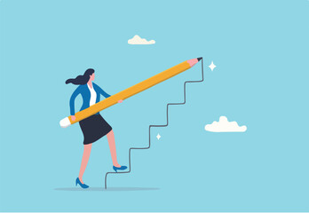 Create stair to success, growth or growing career path, planning for self improvement or leadership motivation, self made success concept, confidence businesswoman draw stair to climb up for success