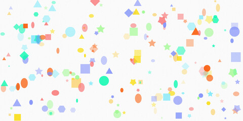 Colorful geometric shapes floating on a white background