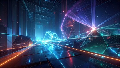 A vibrant, futuristic interior showcases a dynamic array of glowing lines and geometric shapes, bathed in a spectrum of radiant colors.