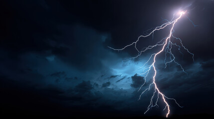 Lightning bolt striking through dark stormy night sky with dramatic clouds and bright electric energy illuminating scene, creating powerful natural phenomenon
