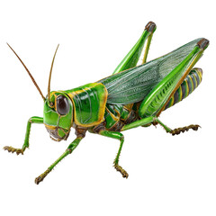 Vibrant Green Grasshopper Closeup Detailed Insect Macro Photography isolated on a white background