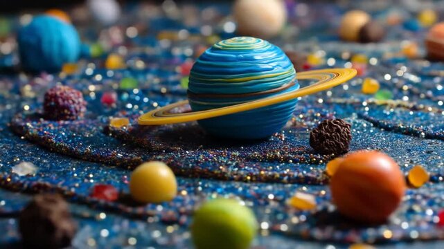 Planet and sweets.
Description A textured, blue surface with glitter and colorful candies resembling planets