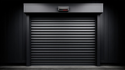Black roller shutter door with sleek metal design and modern frame, creating secure and stylish entrance with smooth, reflective surface and subtle lighting effect
