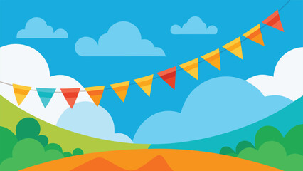 A vibrant background featuring various houses and colorful flags waving in the breeze..eps