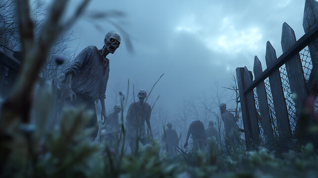 A zombie graveyard with the living dead rising