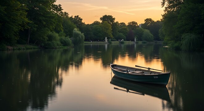 Peaceful pond boat at sunset