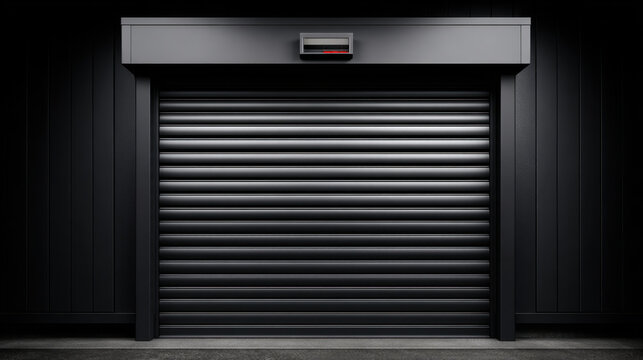Black roller shutter door with sleek metal design and modern frame, creating secure and stylish entrance with smooth, reflective surface and subtle lighting effect